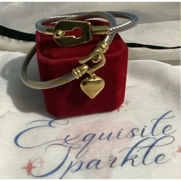 🗝️🖤•Industrial Chic Multi Tone Cable Bracelet Set – Gold Lock & Heart Charm - Picture 6 of 12